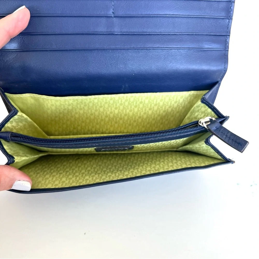 TOUS Navy Pebbled Genuine Leather Silver Bear Tous Logo Scarf and Flap Wallet